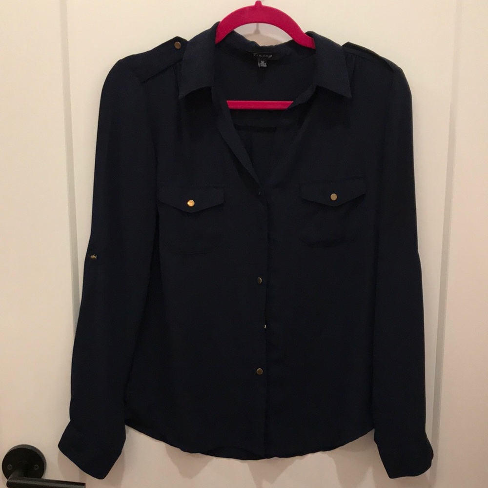 Navy Chiffon Button Down with Gold Bottons